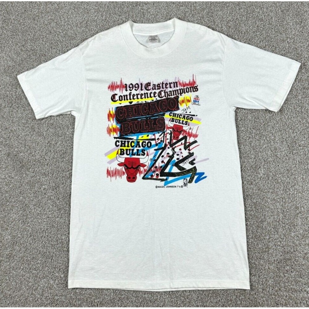 Vintage Chicago Bulls Shirt Mens Large White Magic Johnson T's 1991 Playoffs 90s